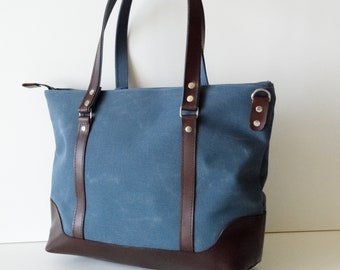 Blue Canvas Bag,Blue Canvas Tote,Zippered Canvas Tote,Blue Shoulder Bag,Blue Crossbody Bag,Waxed Canvas Tote,Blue Handbag,Blue Waxed Canvas