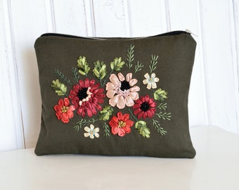 Green Floral Clutch,Ribbon Embroidery,Canvas Purse,Floral Purse,Embroidered bag,Green Canvas Bag,Embroidered Clutch,Floral Clutch