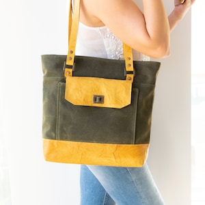 Yellow Leather Bag,Yellow Leather Tote,Yellow Tote Bag,Green Tote Bag,Leather Shoulder Bag,Waxed Canvas Tote,Yellow Shoulder Bag