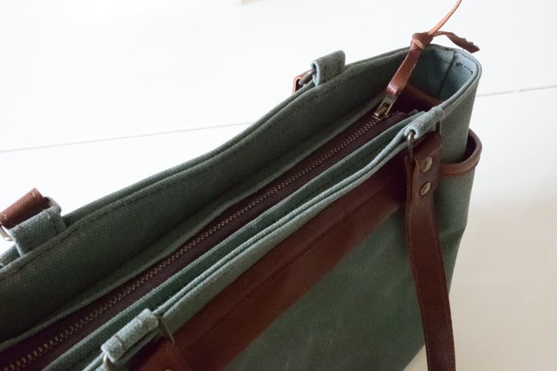 Green Canvas Tote,Waxed Canvas Tote,Canvas Tote Bag,Zippered Canvas Tote,Leather Strap Tote,Water Resist Tote,Canvas Shoulder Bag,Green Tote image 6