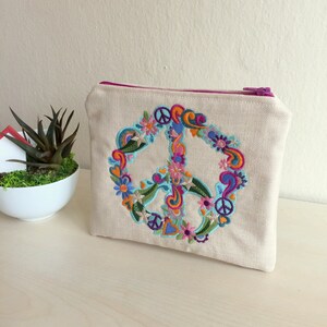 Peace Sign Pouch,Embroidered Pouch,Embroidered Bag,Floral Coin Purse,Piece Coin Purse,Embroidered Purse,Floral Pencil Case,Floral Purse image 2