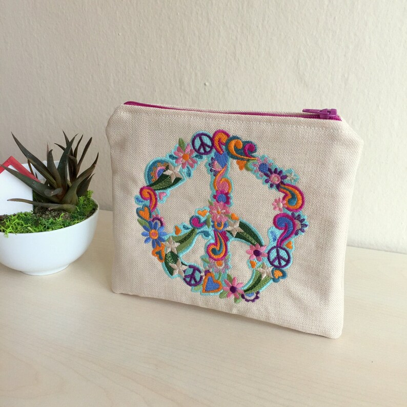Peace Sign Pouch,Embroidered Pouch,Embroidered Bag,Floral Coin Purse,Piece Coin Purse,Embroidered Purse,Floral Pencil Case,Floral Purse image 2