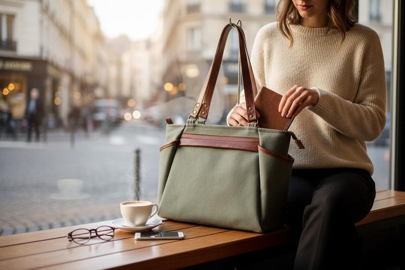Green Canvas Tote,Waxed Canvas Tote,Canvas Tote Bag,Zippered Canvas Tote,Leather Strap Tote,Water Resist Tote,Canvas Shoulder Bag,Green Tote image 1
