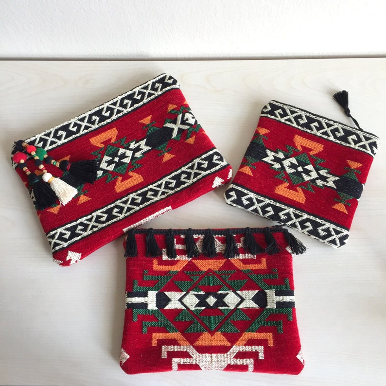 Red Zipper Pouch,Carpet Zippered Pouch,Woven Zipper Pouch,Red Bag,Black Makeup Bag,Boho Mini Bag,Boho Zipper Pouch,Red Coin purse
