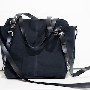 Waxed Canvas Tote,Black Canvas Tote,Zippered Canvas Tote,Leather Strap Tote,Black Crossbody Bag,Black Canvas Tote Bag,Canvas Crossbody