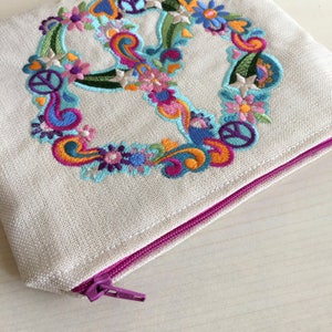 Peace Sign Pouch,Embroidered Pouch,Embroidered Bag,Floral Coin Purse,Piece Coin Purse,Embroidered Purse,Floral Pencil Case,Floral Purse image 4