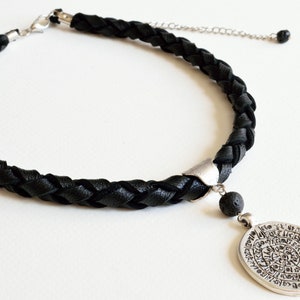 Leather Necklace,Black Lava Necklace,Braided Necklace,Black Necklace,Leather Cord Necklace,Lava Necklace,Medallion Necklace