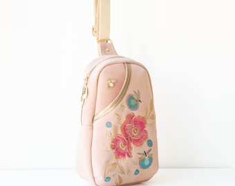 Embroidered Sling,Pink Sling Bag,Floral Sling Bag,Leather Sling Bag,Embroidered Bag,Light Pink Bag,Chest Bag,Pink Leather Bag,Pink Backpack