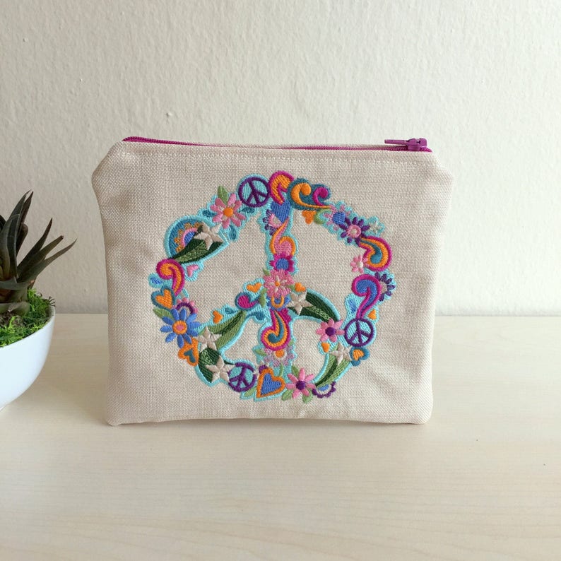 Peace Sign Pouch,Embroidered Pouch,Embroidered Bag,Floral Coin Purse,Piece Coin Purse,Embroidered Purse,Floral Pencil Case,Floral Purse image 1