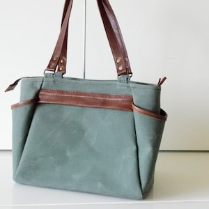 Green Canvas Tote,Waxed Canvas Tote,Canvas Tote Bag,Zippered Canvas Tote,Leather Strap Tote,Water Resist Tote,Canvas Shoulder Bag,Green Tote image 3
