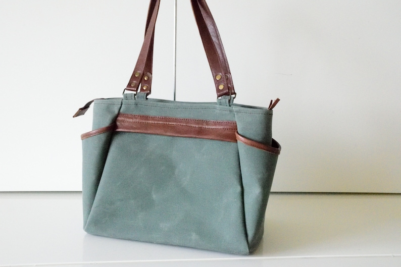 Green Canvas Tote,Waxed Canvas Tote,Canvas Tote Bag,Zippered Canvas Tote,Leather Strap Tote,Water Resist Tote,Canvas Shoulder Bag,Green Tote image 3