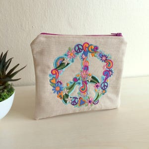 Peace Sign Pouch,Embroidered Pouch,Embroidered Bag,Floral Coin Purse,Piece Coin Purse,Embroidered Purse,Floral Pencil Case,Floral Purse image 3