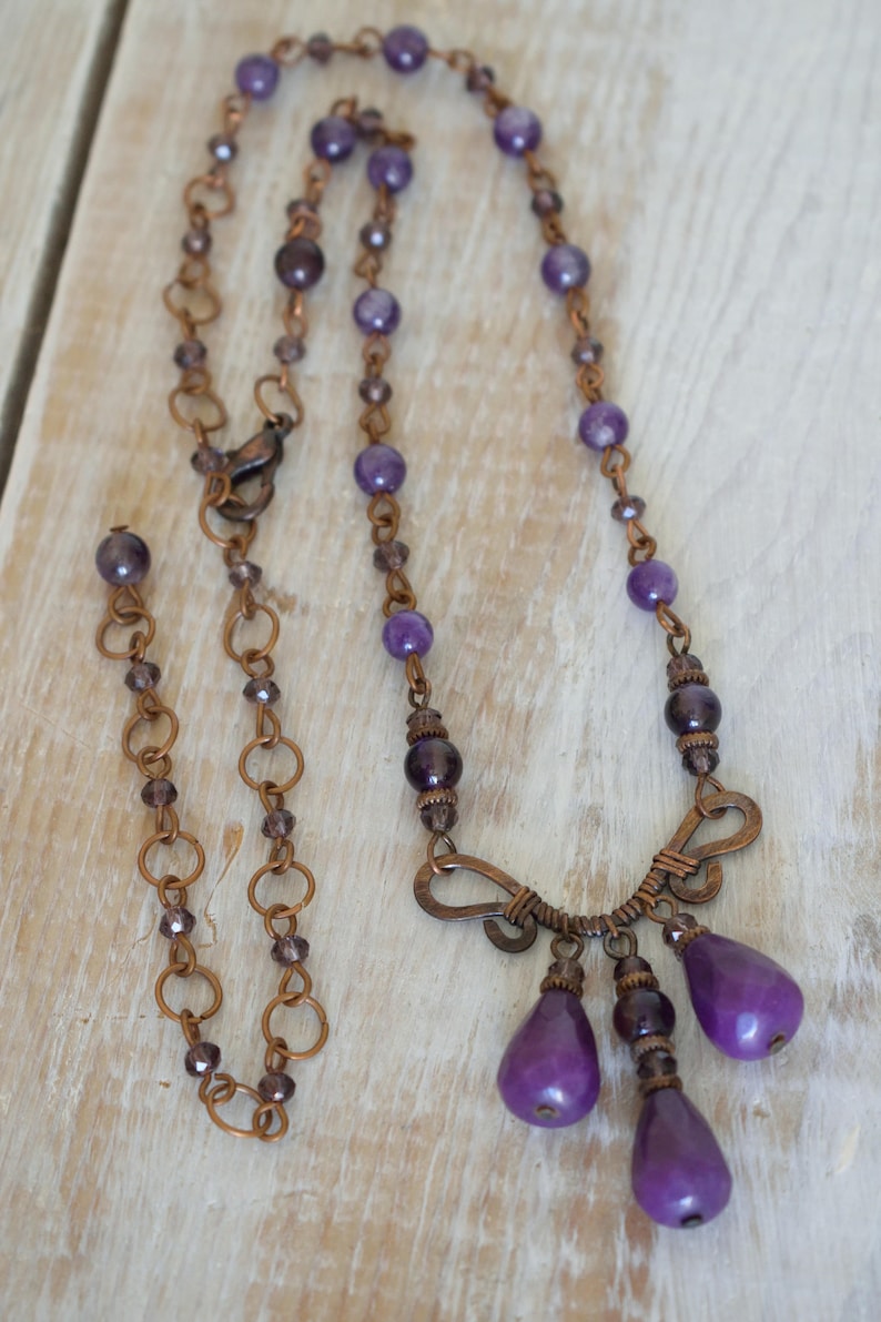Amethyst Necklace,Copper Wire Necklace,Hammered Necklace,Copper necklace,Oxidize Necklace,Purple Jade Necklace,Jade Necklace,Purple Necklace