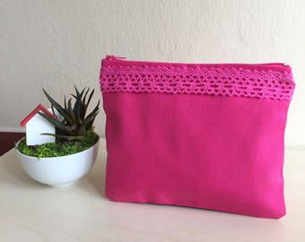 Pink Makeup bag,Pink Cosmetic Bag,Pink Zipper Pouch,Pink coin purse,Pink Pencil Case,Makeup bag,Cosmetic Bag,Gift for her,Lace Makeup Bag