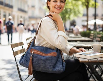 Bolso de hombro holgado, bolso de hombro holgado, bolso de hombro vaquero, bolso de cuero marrón, bolso de hombro grande, bolso vaquero azul, bolso de hombro azul