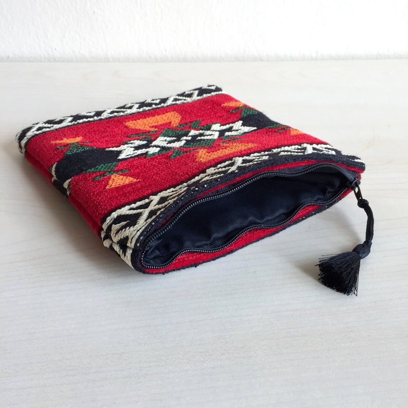 Red Zipper Pouch,Carpet Zippered Pouch,Woven Zipper Pouch,Red Bag,Black Makeup Bag,Boho Mini Bag,Boho Zipper Pouch,Red Coin purse
