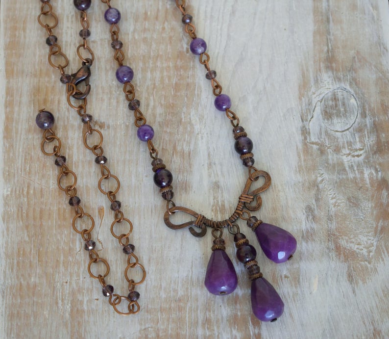 Amethyst Necklace,Copper Wire Necklace,Hammered Necklace,Copper necklace,Oxidize Necklace,Purple Jade Necklace,Jade Necklace,Purple Necklace