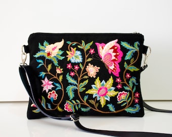 Embroidered Crossbody Bag,Black Linen Crossbody Bag,Embroidered Bag,Leather Strap Bag,Black Crossbody,Black Crossbody Bag,Floral Crossbody