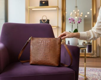 Sac en alligator marron, bandoulière en alligator, sac à main en alligator, sac en cuir marron, sac bandoulière en cuir, bandoulière en cuir, sac en croco marron