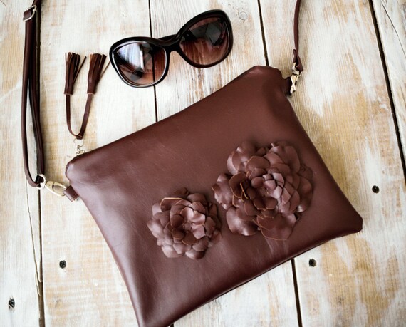 Leather Bag With Flower,brown Leather Crossbody Bag,boho Leather