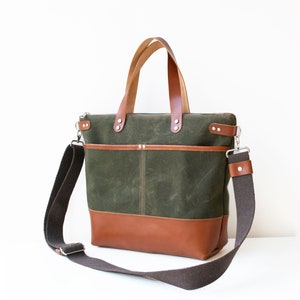 Green Canvas Bag,Brown Leather Tote,Leather Tote Bag,Green Crossbody Bag,Green Tote Bag,Canvas Handbag,Brown Leather Bag,Waxed Canvas Bag