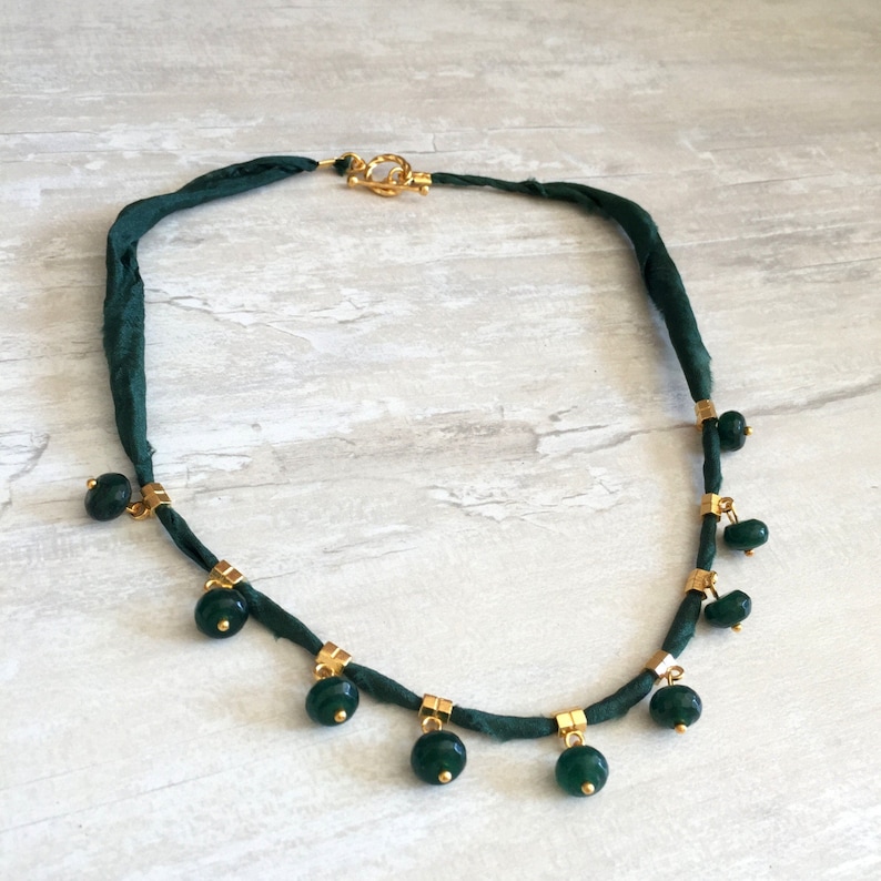 Green Jade Necklace,Gold Plated Necklace,Jade Statement Necklace,Boho Necklace,Green Silk Necklace,Jade Necklace,Healing Necklace