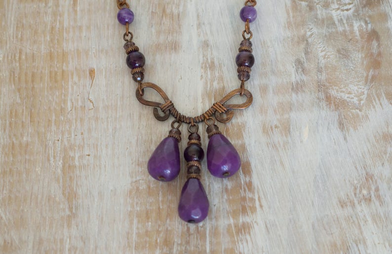 Amethyst Necklace,Copper Wire Necklace,Hammered Necklace,Copper necklace,Oxidize Necklace,Purple Jade Necklace,Jade Necklace,Purple Necklace