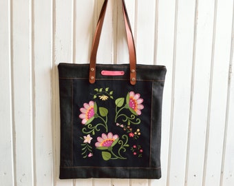 花柄トートバッグ、刺繍バッグ、刺繍トート、花柄トート、黒トートバッグ、キャンバストートバッグ、花柄ハンドバッグ、ショルダーバッグ、刺繍ハンドバッグ