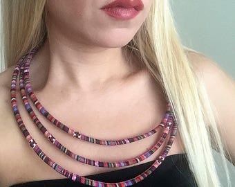 African Cord Necklace,Tribal necklace,Multi strand necklace,Boho Necklace,Statement Jewelry,African Fabric Necklace,Ethnic Cord Necklace