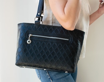 Cabas matelassé noir, cabas en cuir noir, fourre-tout matelassé, sac à bandoulière en cuir, sac à main en cuir noir, sac en cuir, sac à main en cuir, sac à bandoulière noir