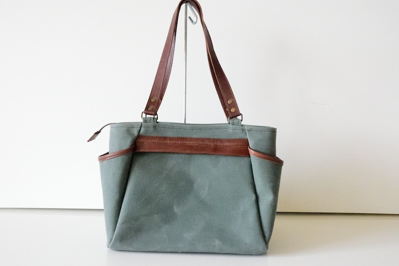 Green Canvas Tote,Waxed Canvas Tote,Canvas Tote Bag,Zippered Canvas Tote,Leather Strap Tote,Water Resist Tote,Canvas Shoulder Bag,Green Tote image 2