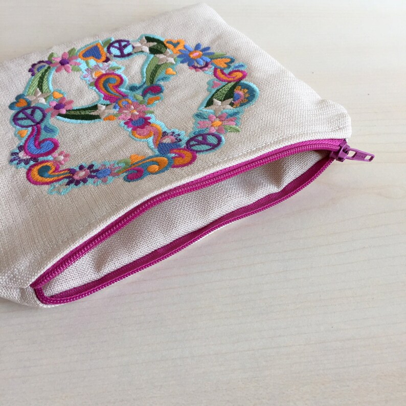 Peace Sign Pouch,Embroidered Pouch,Embroidered Bag,Floral Coin Purse,Piece Coin Purse,Embroidered Purse,Floral Pencil Case,Floral Purse image 5