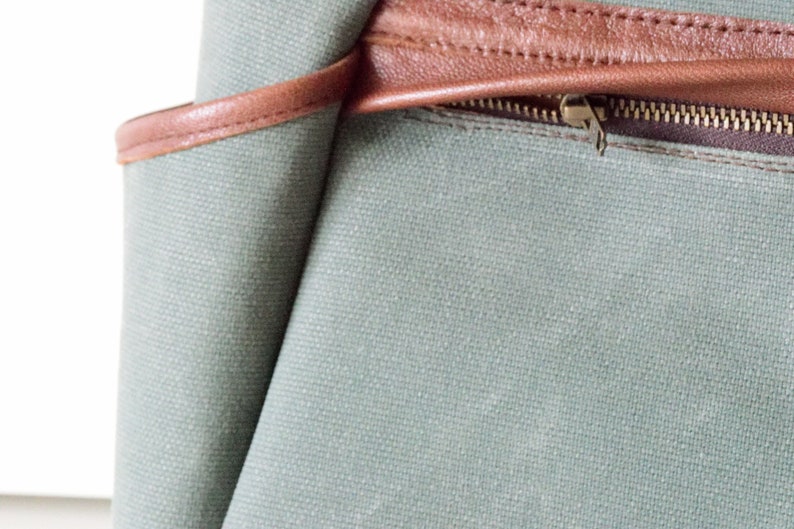 Green Canvas Tote,Waxed Canvas Tote,Canvas Tote Bag,Zippered Canvas Tote,Leather Strap Tote,Water Resist Tote,Canvas Shoulder Bag,Green Tote image 4