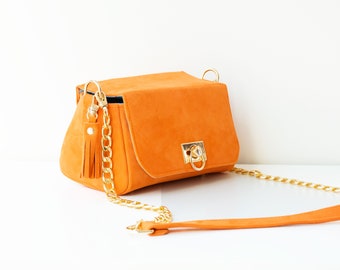 Orange Leather Bag,Leather Crossbody,Orange Crossbody,Leather Purse,Boxy Crossbody,Leather Orange Bag,Orange Shoulder Bag,Leather Handbag