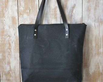 Black Waxed Canvas Bag,Black Canvas Tote,Zippered Canvas Tote,Leather Strap Tote,Water Resist Tote,Black Canvas Tote Bag,Everday Tote Bag