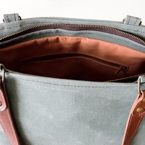 Green Canvas Tote,Waxed Canvas Tote,Canvas Tote Bag,Zippered Canvas Tote,Leather Strap Tote,Water Resist Tote,Canvas Shoulder Bag,Green Tote image 5