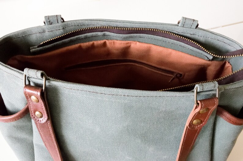 Green Canvas Tote,Waxed Canvas Tote,Canvas Tote Bag,Zippered Canvas Tote,Leather Strap Tote,Water Resist Tote,Canvas Shoulder Bag,Green Tote image 5