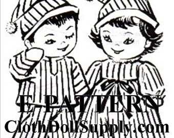 May include: Black and white line drawing of two children wearing striped pajamas and sleep caps. The image includes the text "E-PATTERN ClothDollSupply.com".