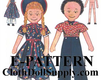 May include: A printable pattern for making cloth dolls. The pattern includes a girl doll wearing a blue dress with a red sash and a boy doll wearing a red and white shirt with blue overalls. The pattern is available as an e-pattern from ClothDollSupply.com.