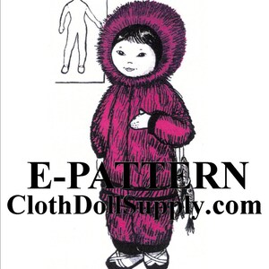May include: A pink and white doll pattern for a hooded winter coat. The pattern is for a doll that is about 18 inches tall. The pattern is from ClothDollSupply.com.