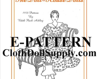 Puede incluir: Dibujo en blanco y negro de una muñeca con un vestido de estampado floral. La muñeca está sentada en un sofá con una muñeca más pequeña de pie a su lado. La imagen incluye el texto "The Doll-House Dolls", "1938 Pattern", "By", "Edith Flack Ackley", "E-PATTERN" y "ClothDollSupply.com".