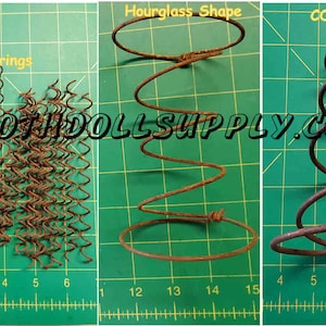 May include: Three types of rusty metal springs for doll making. The first image shows a pile of mini springs. The second image shows a spring shaped like an hourglass. The third image shows a spring shaped like a cone.