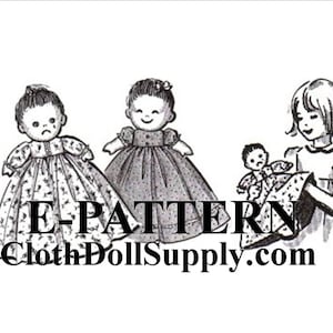 Puede incluir: Ilustración en blanco y negro de un patrón para hacer un vestido de muñeca. El patrón incluye tres muñecas, una de las cuales sostiene un vestido de muñeca. El texto "E-PATTERN ClothDollSupply.com" está en la parte inferior de la imagen.
