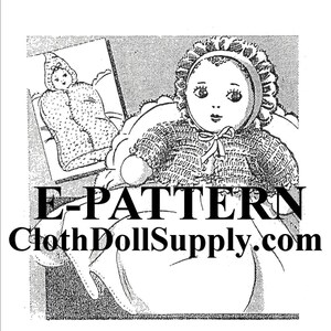 May include: A black and white illustration of a crocheted doll wearing a bonnet and a crocheted dress. The doll is sitting in a chair. The text "E-PATTERN ClothDollSupply.com" is at the bottom of the image.
