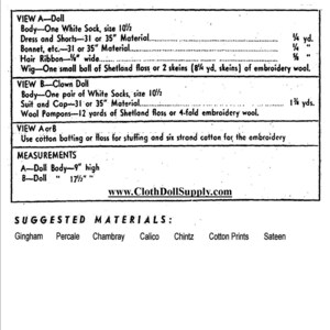 May include: A black and white printed page with instructions for making dolls. The text includes material lists, measurements, and suggested fabrics like gingham and percale. The website www.ClothDollSupply.com is also visible.