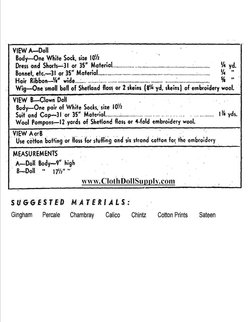 May include: A black and white printed page with instructions for making dolls. The text includes material lists, measurements, and suggested fabrics like gingham and percale. The website www.ClothDollSupply.com is also visible.