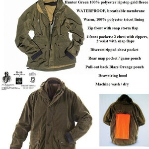 May include: A green waffle hunting jacket with a drawstring hood, multiple pockets, and a pull-out blaze orange pouch. The jacket is made of 100% polyester ripstop grid fleece and is waterproof and breathable.  MIL-TEC / STURM GERMANY WAFFLE HUNTING JACKET.