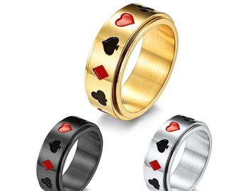 A1122S - Titanium Ring Rotating Anti-Stress Poker Cards Play Casino Lucky 7 Machine Slots Steel spinning Ring Casino Card