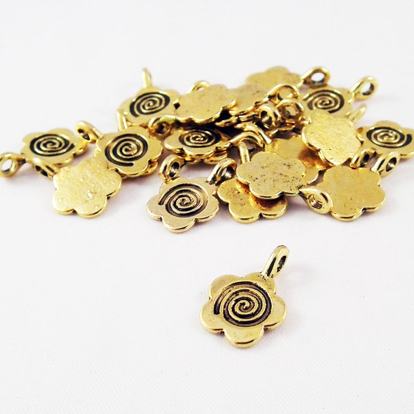 BCP86 - Bronze or Golden Miniature Breloques Flower Circle Spiral / Miniature Vintage Bronze or Gold Flower Charms Pendants