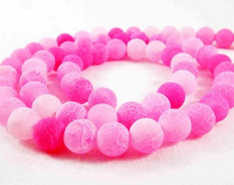 PFM38 - 10 Perles Agate Veine de Dragon Effet Glacé fissures Rose Blanc 6-8mm / 10 Pink Fuchsia Dream Fire Dragon Veins Frozen Effect Beads